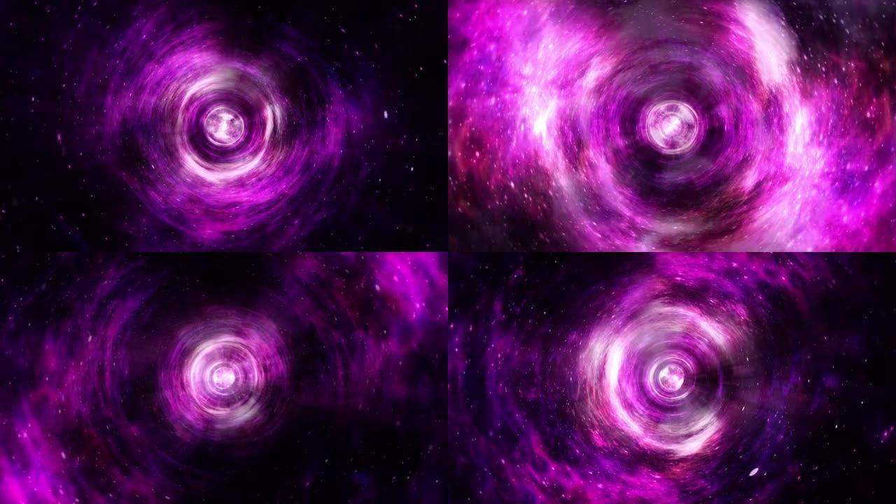 抽象3D艺术空间探索通过彩色粉色紫色虫洞漩涡。4k科幻无缝环路超空间隧道星际旅行概念。科幻幻想蠕虫洞