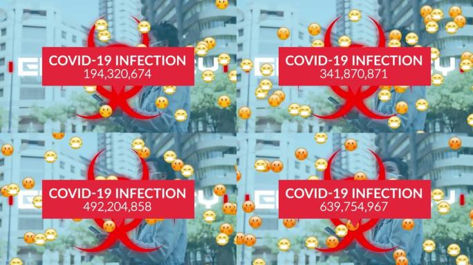 多个带有面罩的病态表情符号上的covid 19数据处理动画