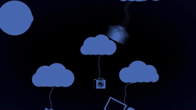 黑色背景上悬挂媒体图标的蓝云动画