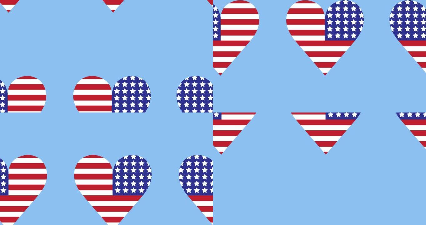 用美国国旗在蓝色背景上移动的心形动画