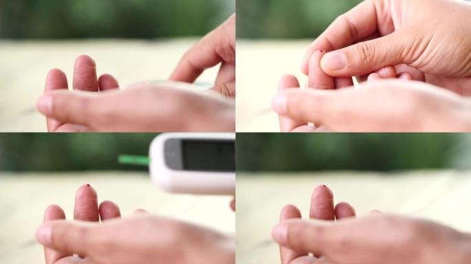 使用柳叶刀笔和血糖仪在手指上检查血糖水平，关闭糖尿病测试。世界糖尿病日的概念，血糖，高血糖，胰岛素，
