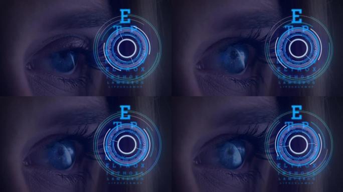 女性眼睛上的范围扫描和眼睛测试字母的动画