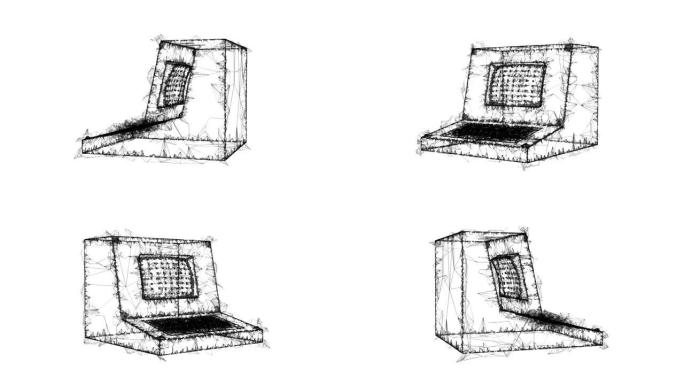 经典复古电脑。编程代码概念。线框低聚网格技术