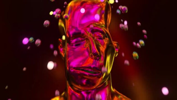 皱纹软金属脸的有趣3D动画。人的铬脸被弄皱了。休息和放松的概念。球体的淋浴倒在我头上。无缝循环的3d
