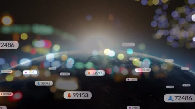 社交媒体图标在焦点城市灯光下的动画