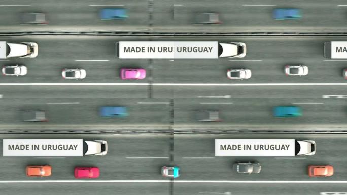 半挂卡车的俯视图，乌拉圭制造文本沿高速公路行驶。乌拉圭商业相关可循环3D动画