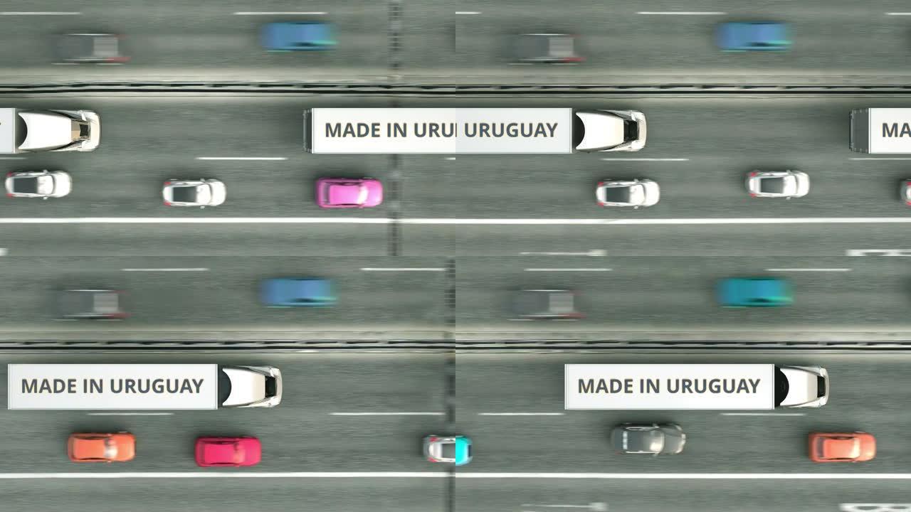 半挂卡车的俯视图，乌拉圭制造文本沿高速公路行驶。乌拉圭商业相关可循环3D动画