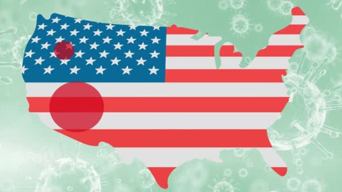美国地图的动画，在绿色背景上的冠状病毒细胞上色有美国国旗