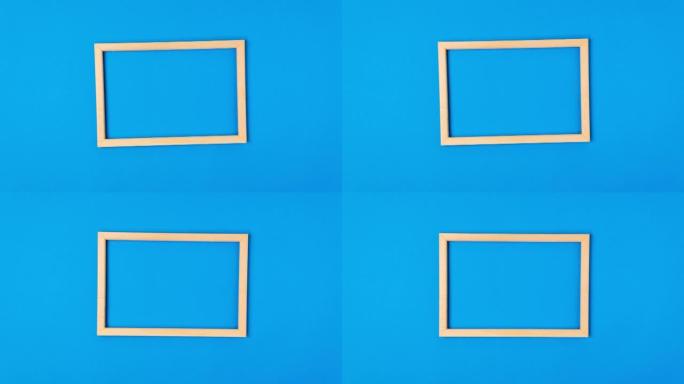 蓝色背景上的木制框架。为您的设计最小的边框组成。复制文本空间。停止运动动画