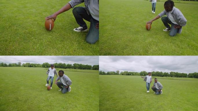 黑人父亲教学龄儿子踢美式足球