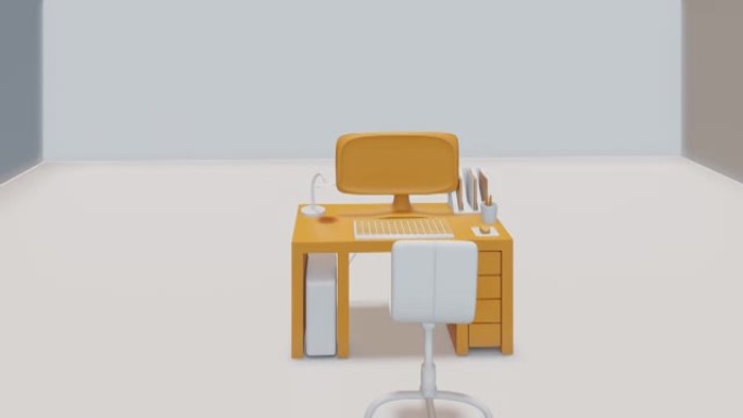 最小概念，电脑在桌子和椅子上黄色，为您的文本复制空间。3d渲染。