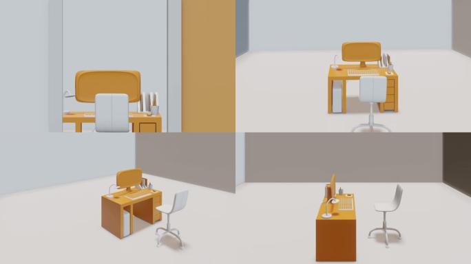 最小概念，电脑在桌子和椅子上黄色，为您的文本复制空间。3d渲染。