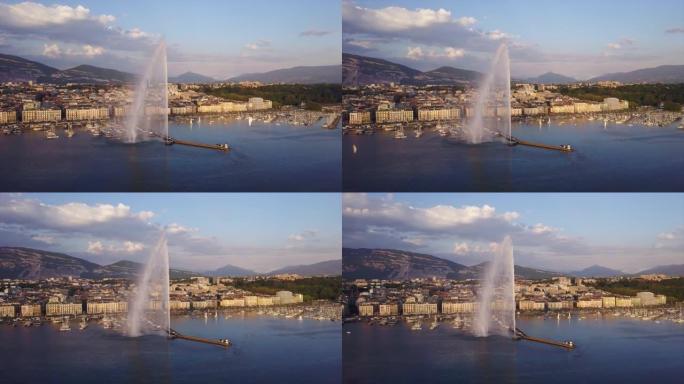 瑞士日落之光日内瓦城市景观湖著名喷泉湾空中全景4k