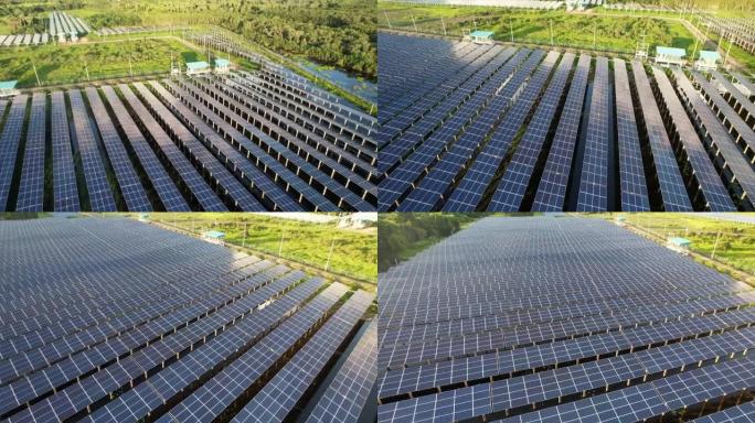 太阳能农场的空中俯视图，带有用于产生可再生电力的阳光电池。节能和替代电源的概念