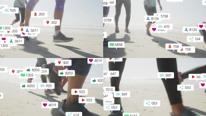 社交媒体通知的动画，在海滩上奔跑的女性