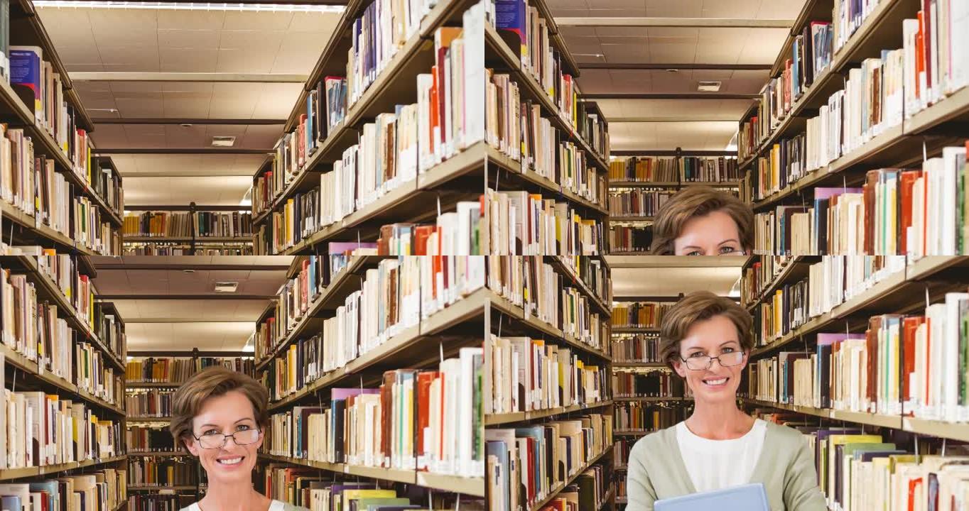 高加索女教师在学校图书馆微笑的肖像