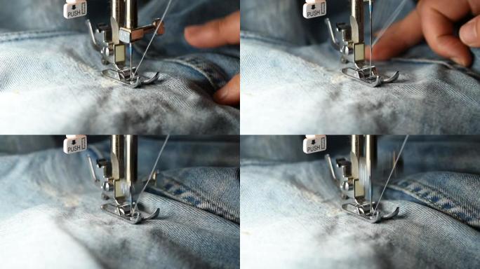 用缝纫机修理蓝色牛仔牛仔裤的女性缝纫特写