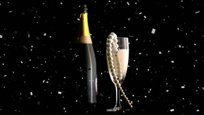 香槟杯中五彩纸屑掉落和珍珠项链的动画