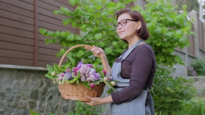 女园丁，花园里的花店，带着一篮子新鲜采摘的花园春花