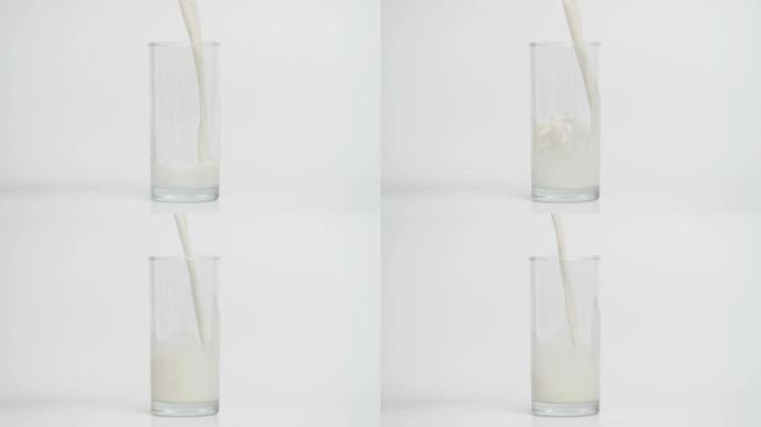 在透明玻璃中倒入牛奶的超慢动作