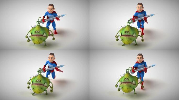 一个有趣的超级英雄用疫苗追逐病毒的3D动画