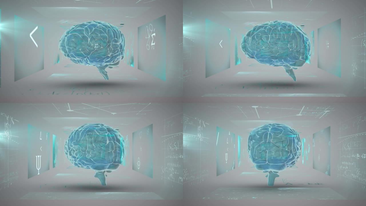 在屏幕上进行数字数据处理的人脑旋转的动画