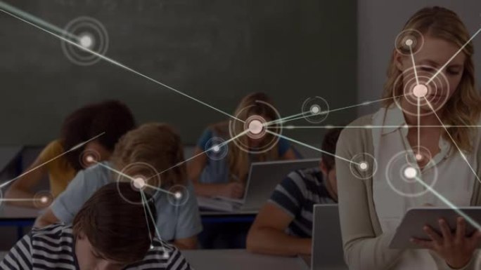 在课堂上使用数字平板电脑与高加索女教师肖像的联系网络