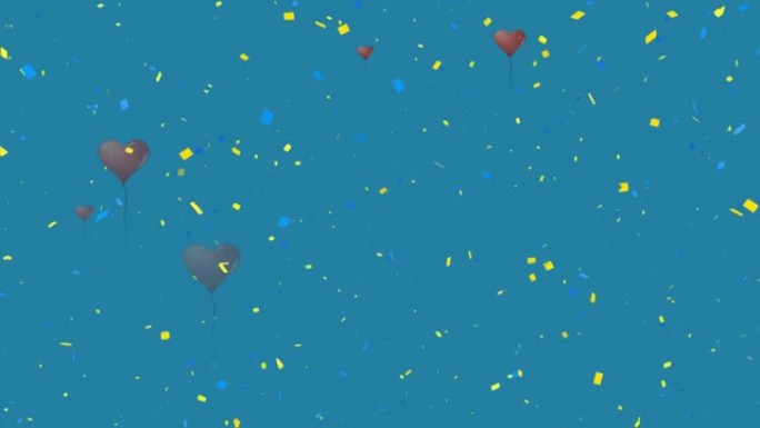 漂浮在蓝色背景上的五彩纸屑和灰色心形气球的动画