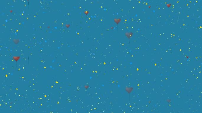 漂浮在蓝色背景上的五彩纸屑和灰色心形气球的动画