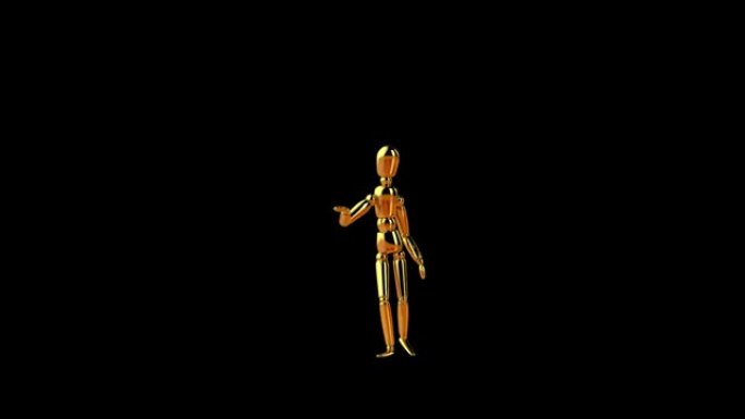 有趣的金色人体模型做一个扭曲的步舞，无缝循环，阿尔法通道
