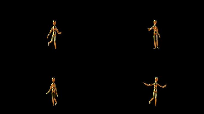 有趣的金色人体模型做一个扭曲的步舞，无缝循环，阿尔法通道