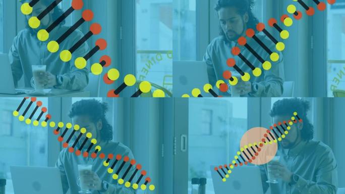 使用笔记本电脑在商人上旋转的dna链动画