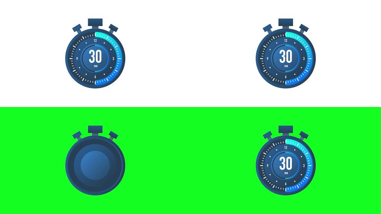 30分钟计时器。平面样式的秒表图标。运动图形。