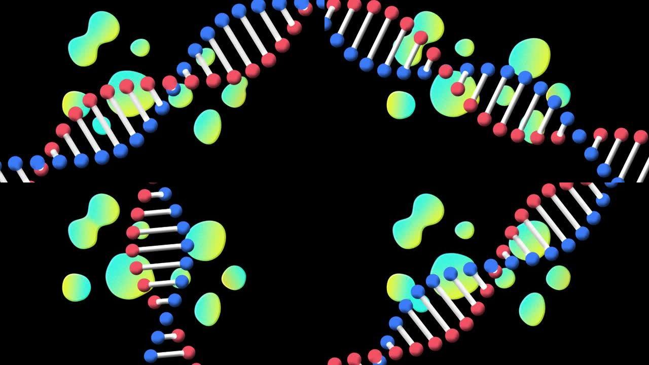黑色背景上dna和绿色病毒细胞旋转链的动画