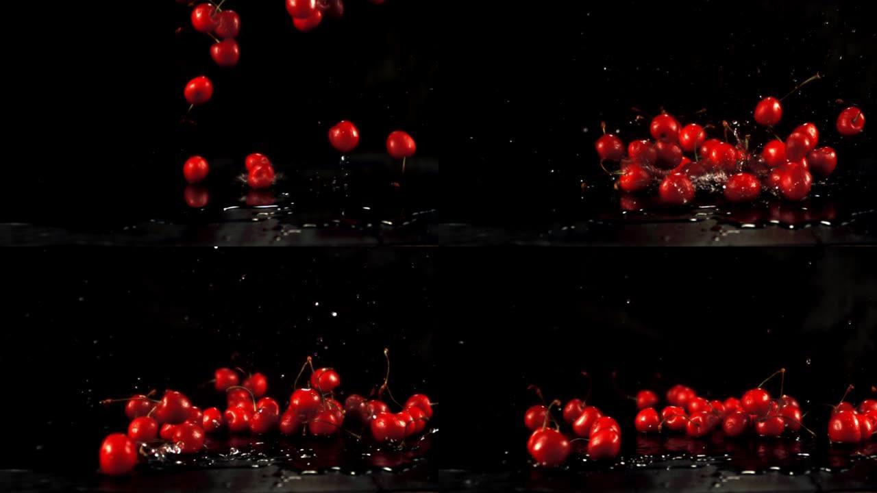 超级慢动作新鲜樱桃落在水面上飞溅。在1000 fps的高速相机上拍摄。