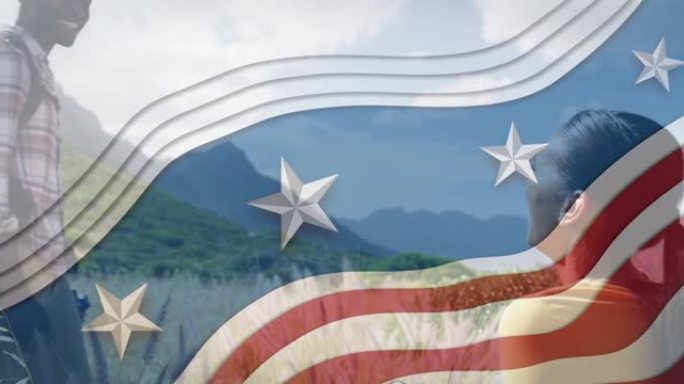 美国国旗在山区的非裔美国人夫妇高五度的动画