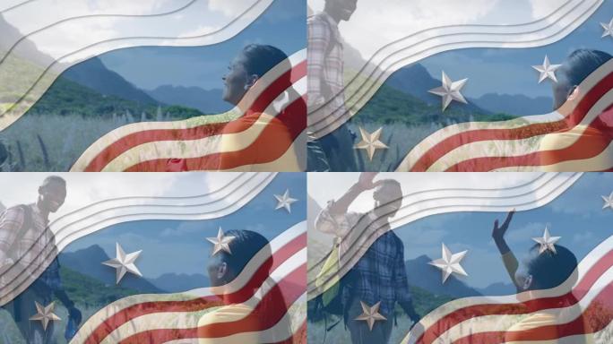 美国国旗在山区的非裔美国人夫妇高五度的动画