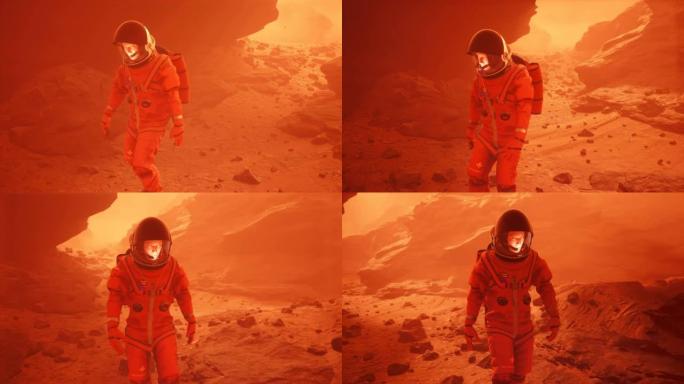 一名宇航员在火星沙尘暴中探索红色的火星。这个人是用3D电脑图形制作的。动画是为未来或太空旅行而设计的