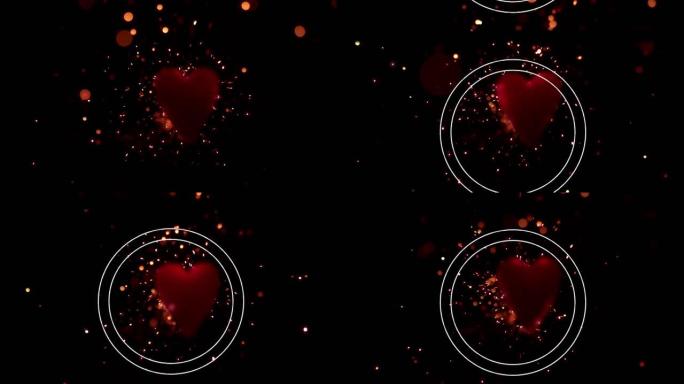 黑色背景上的白色圆圈和红色心脏和闪光的动画
