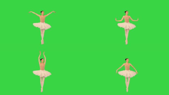 芭蕾舞女演员tip脚走路，在绿色屏幕上挥舞双手，色度键