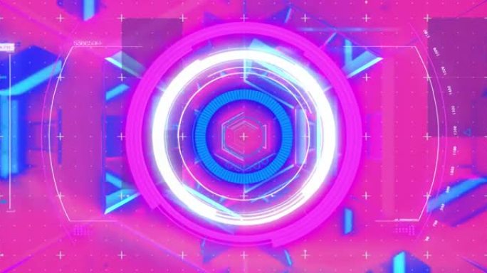 在粉红色和蓝色霓虹灯隧道背景上扫描范围的动画