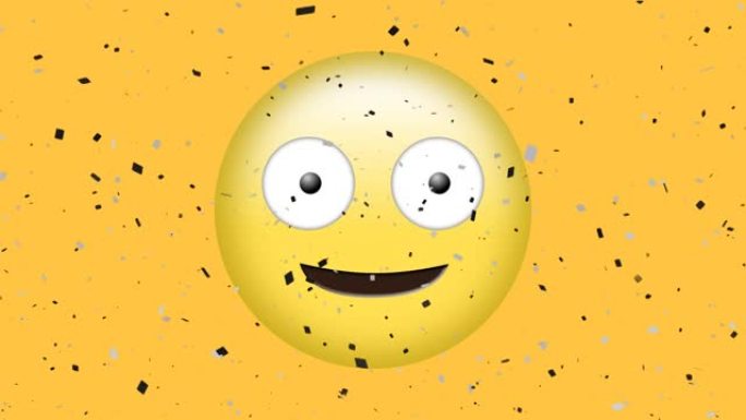 黄色背景上五彩纸屑掉落伸出舌头眨眼表情符号的动画
