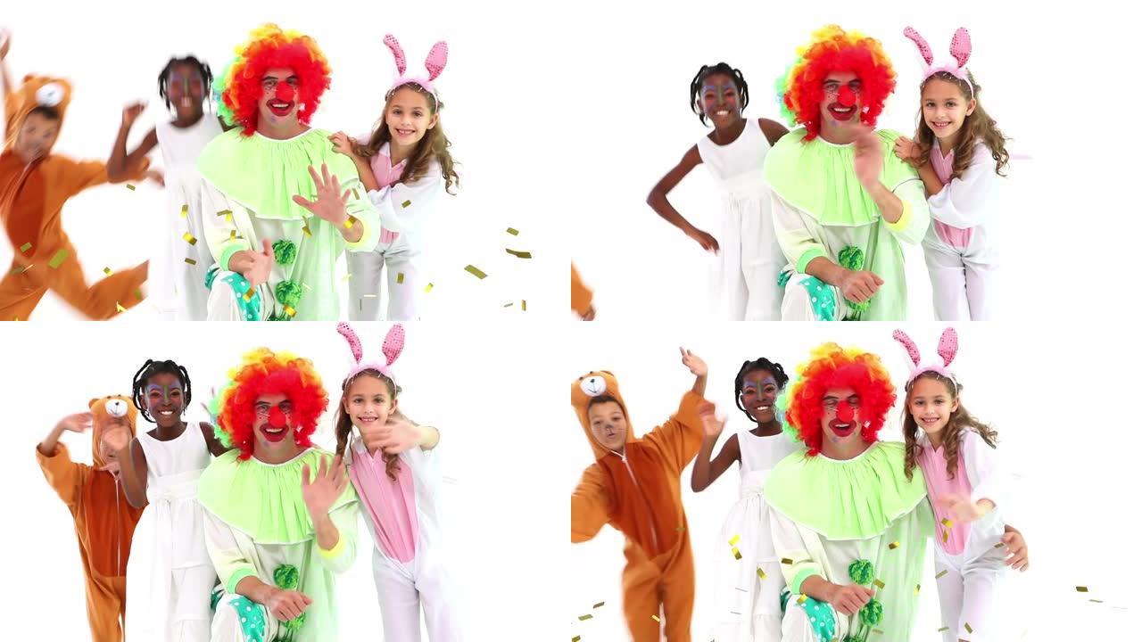 金色五彩纸屑在派对上挥舞着白色的快乐孩子和小丑上的动画