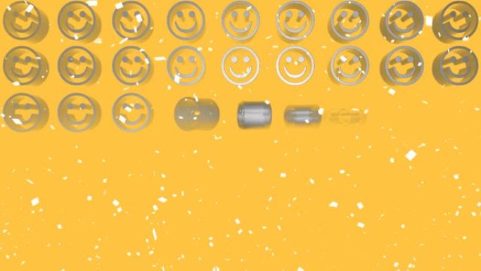 黄色背景上白色五彩纸屑掉落成排的金属笑脸表情符号的动画