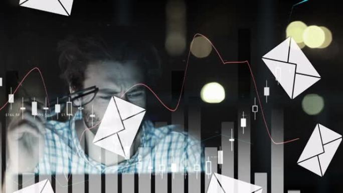 电子邮件信封图标和图形在计算机上工作的疲惫的人界面上的动画