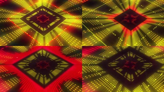 钻石形状的黄色和红色3d光显示在黑色背景上闪烁和移动的动画