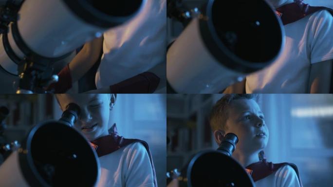 可爱的超级英雄男孩用望远镜看星星