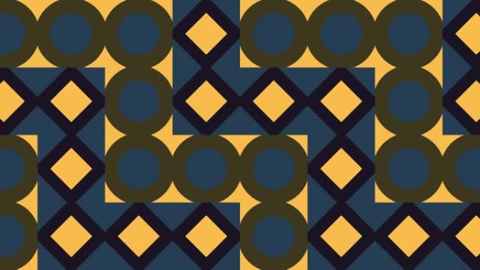复古马赛克，带有温暖调色板中的几何动态瓷砖。经典平面风格的无缝循环运动图形动画
