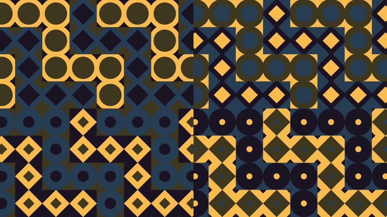 复古马赛克，带有温暖调色板中的几何动态瓷砖。经典平面风格的无缝循环运动图形动画