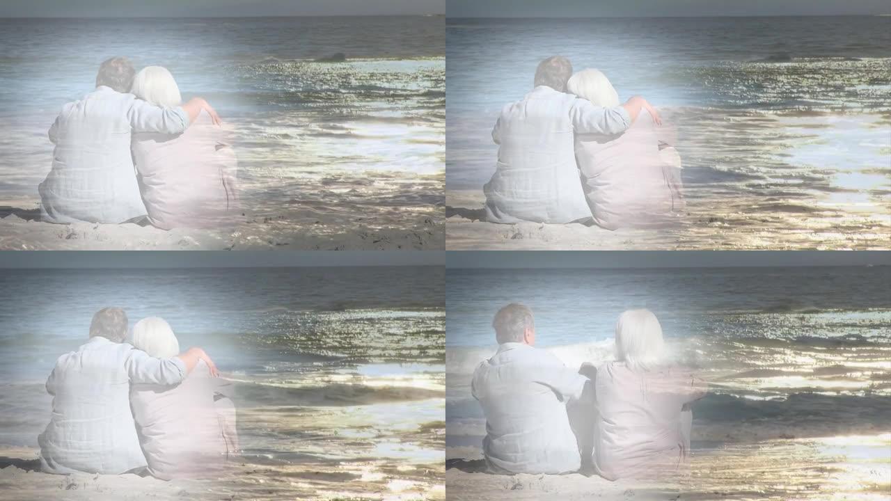 海边拥抱的老年夫妇的发光动画